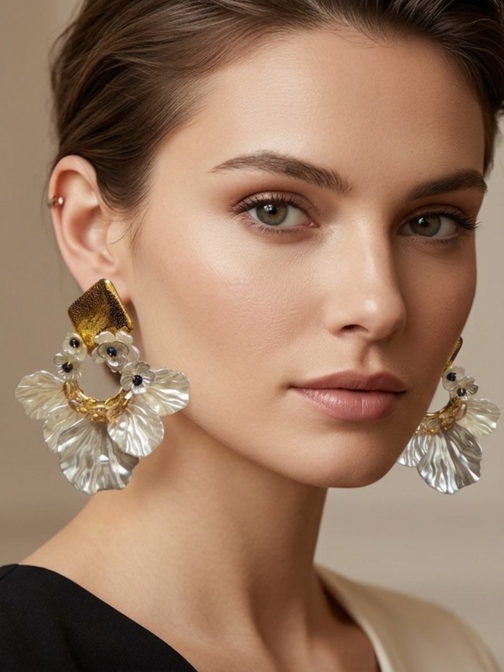 Source Unknown Gold and Pearl-Effect Floral Drop Earrings